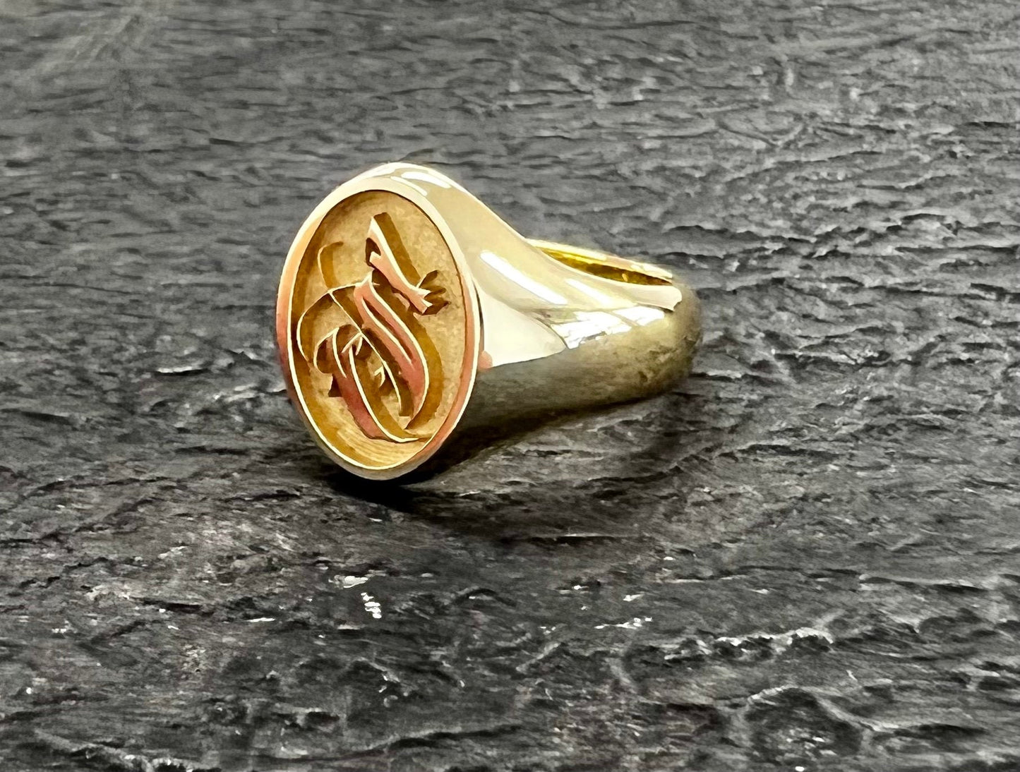 Oval Top Signet Ring With Gothic Letter
