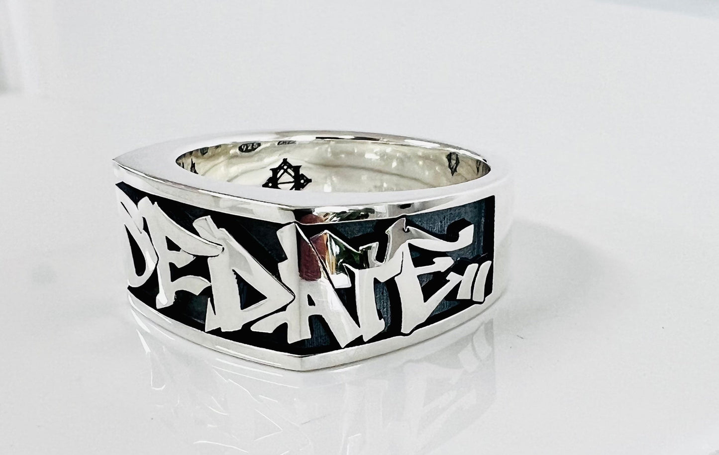 Custom Graffiti Top Inlay Ring in Sterling Silver with plain back