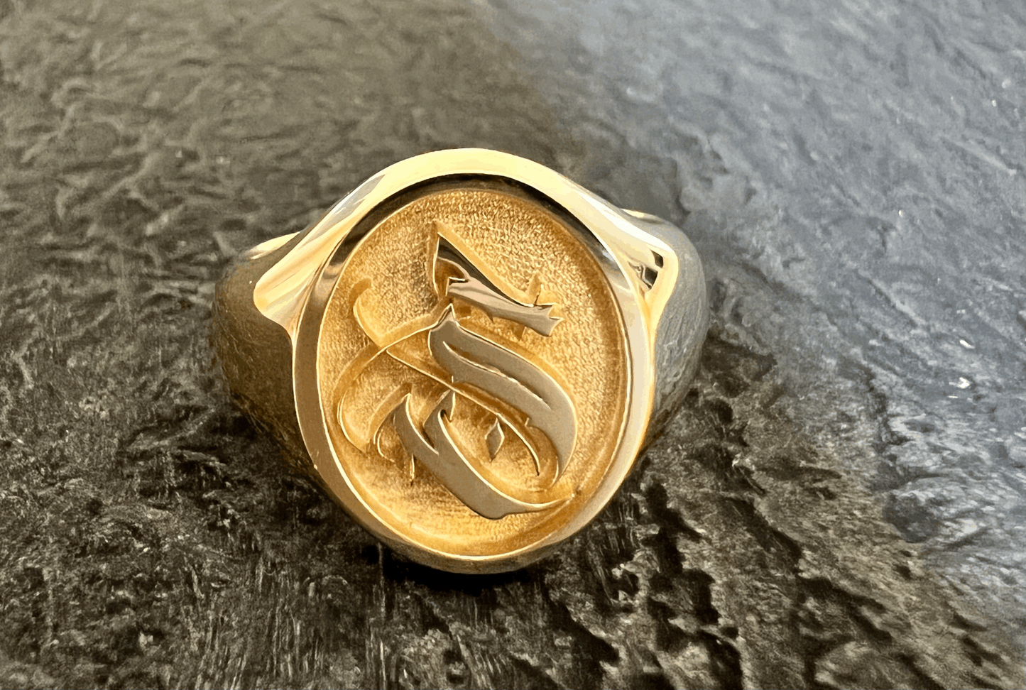 Oval Top Signet Ring With Gothic Letter