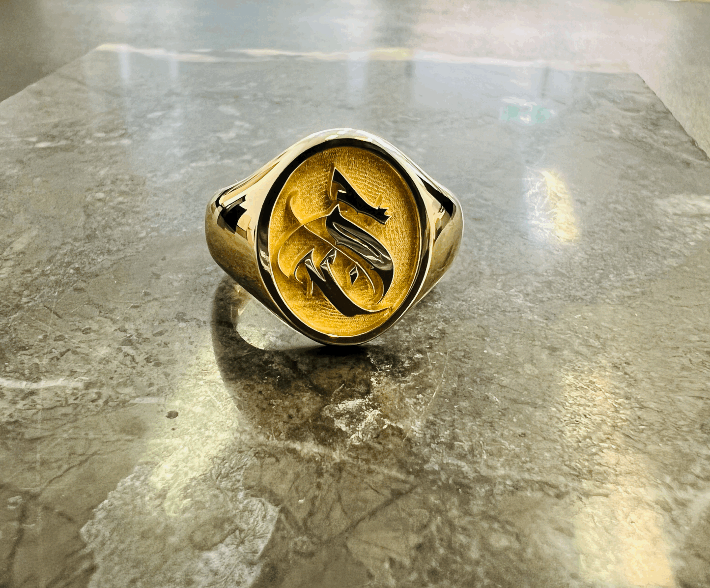 Oval Top Signet Ring With Gothic Letter