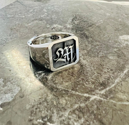 Square Top Initial Gothic Letter Signet Ring