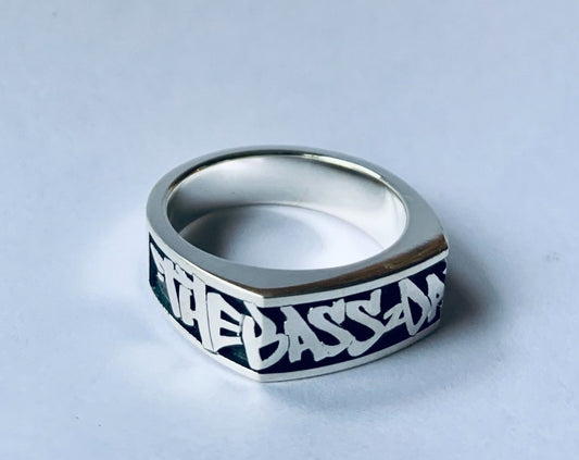 Custom Graffiti Top Inlay Ring in Sterling Silver with plain back