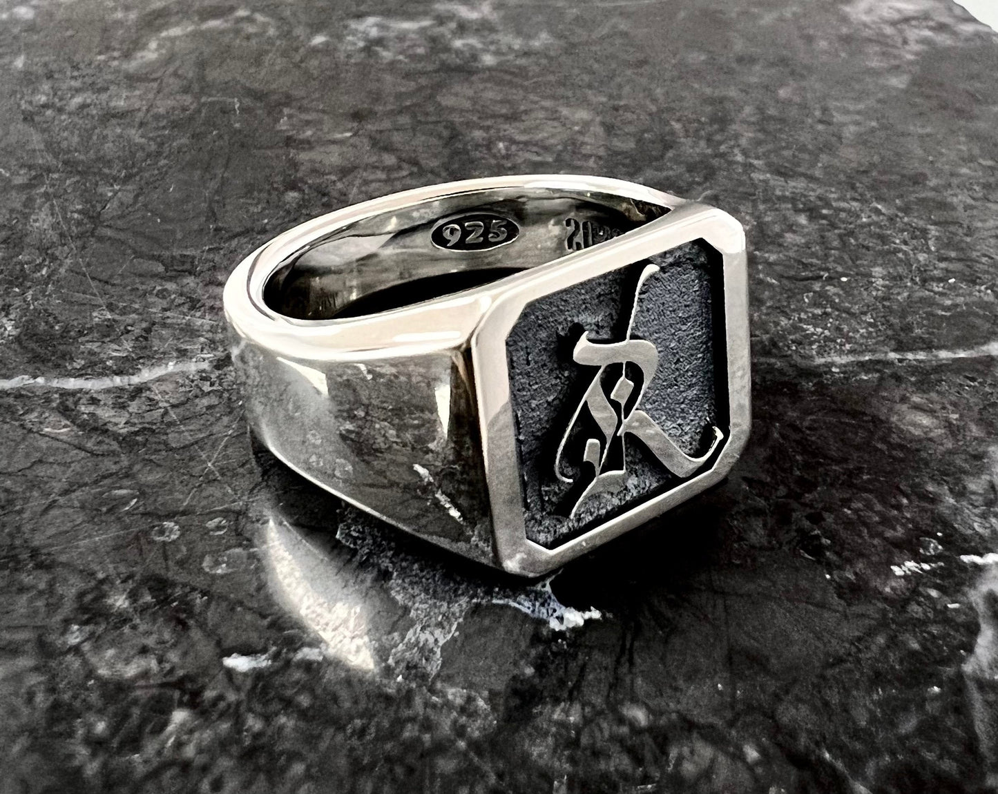 Square Top Initial Gothic Letter Signet Ring